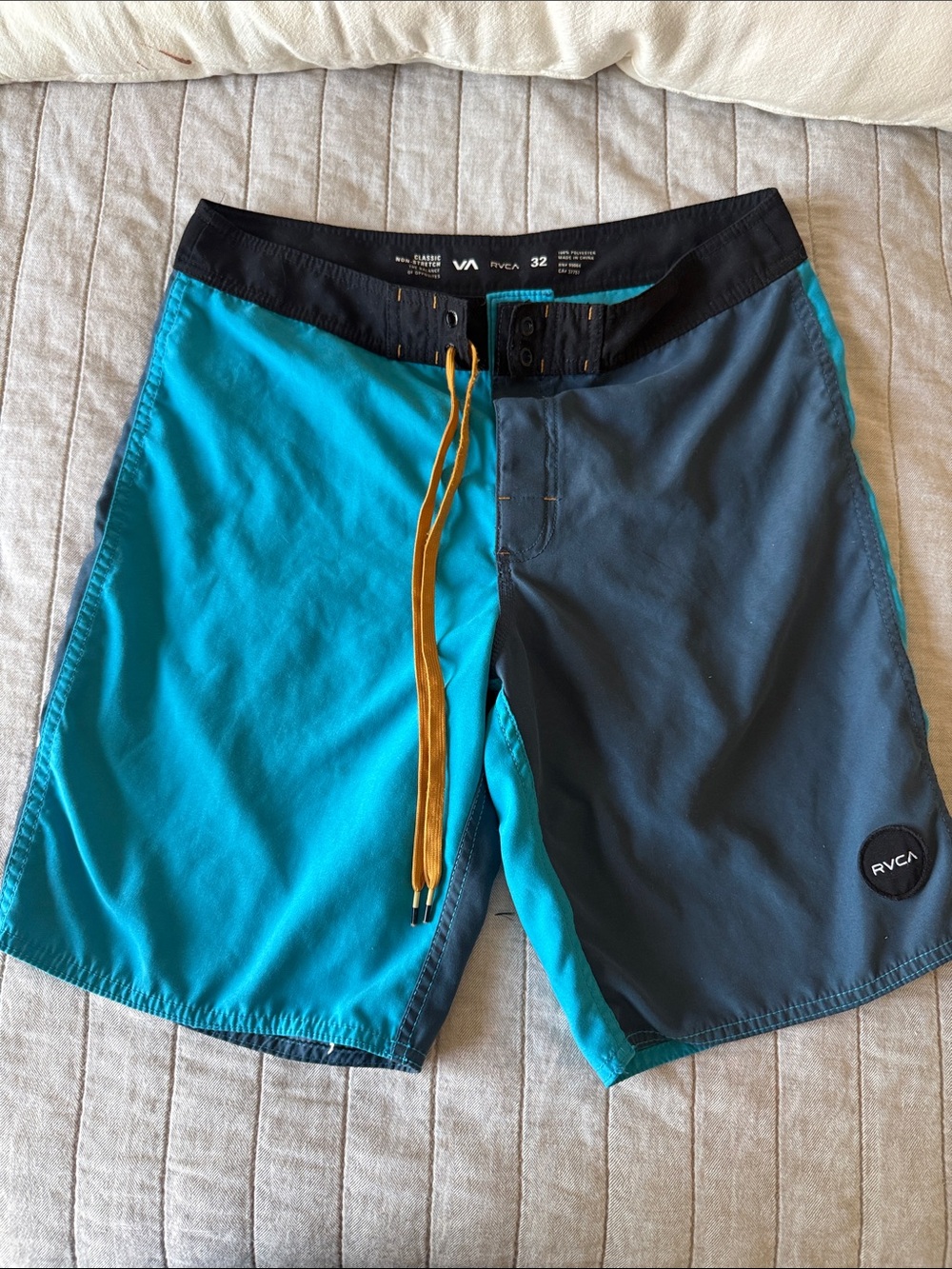 RVCA Men's Teal & Charcoal Colorblock Swim Shorts with Gold Drawstring